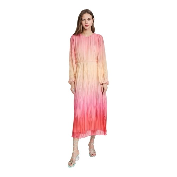 SOMETHING NAVY Pleated Tie Waist Long Sleeve Maxi Dress In Pink Combo Women's L - Picture 1 of 6